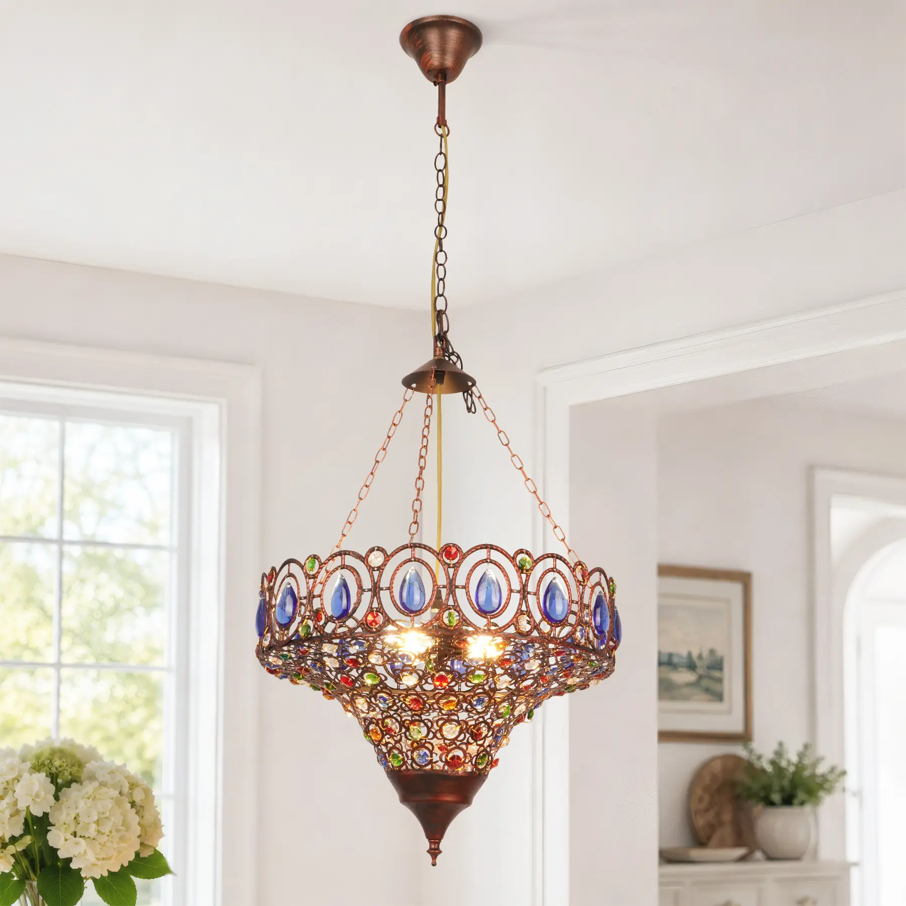 15.7 Inch Rustic Color Crystal Inverted Pendant Light, 3-Light Hardwired Vintage Metal Chandelier with Adjustable Chain, Multicolor Gem Crystal Hanging Lamp for Dining Room Kitchen Farmhouse Decor