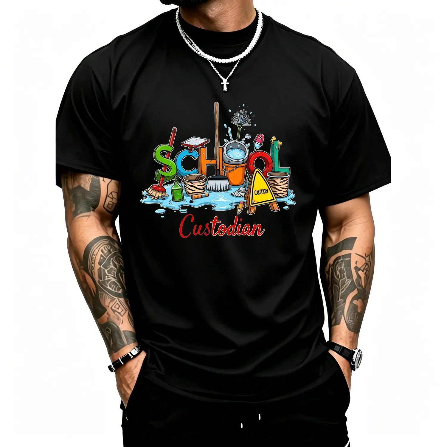 Mens School Custodian Cleaning Tools Graphic Design 01 New Fashionable Printed Casual Outdoor Unisex Cotton T Shirt Workwear Inspired Vintage Style Comfortable Breathable Soft Fit Everyday Wear Street Style