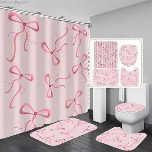 4Pcs Pink Bow Shower Curtain Set Cute Bathroom Shower Curtains with 12 Hooks Bow Knot Aesthetic Bathroom Sets with Shower Curtain and AccessoriesXXGlobalBasket8CCFemmeFable30
