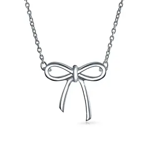 Classic Small Ribbon Bow Pendant Station Necklace .925 Sterling Silver
