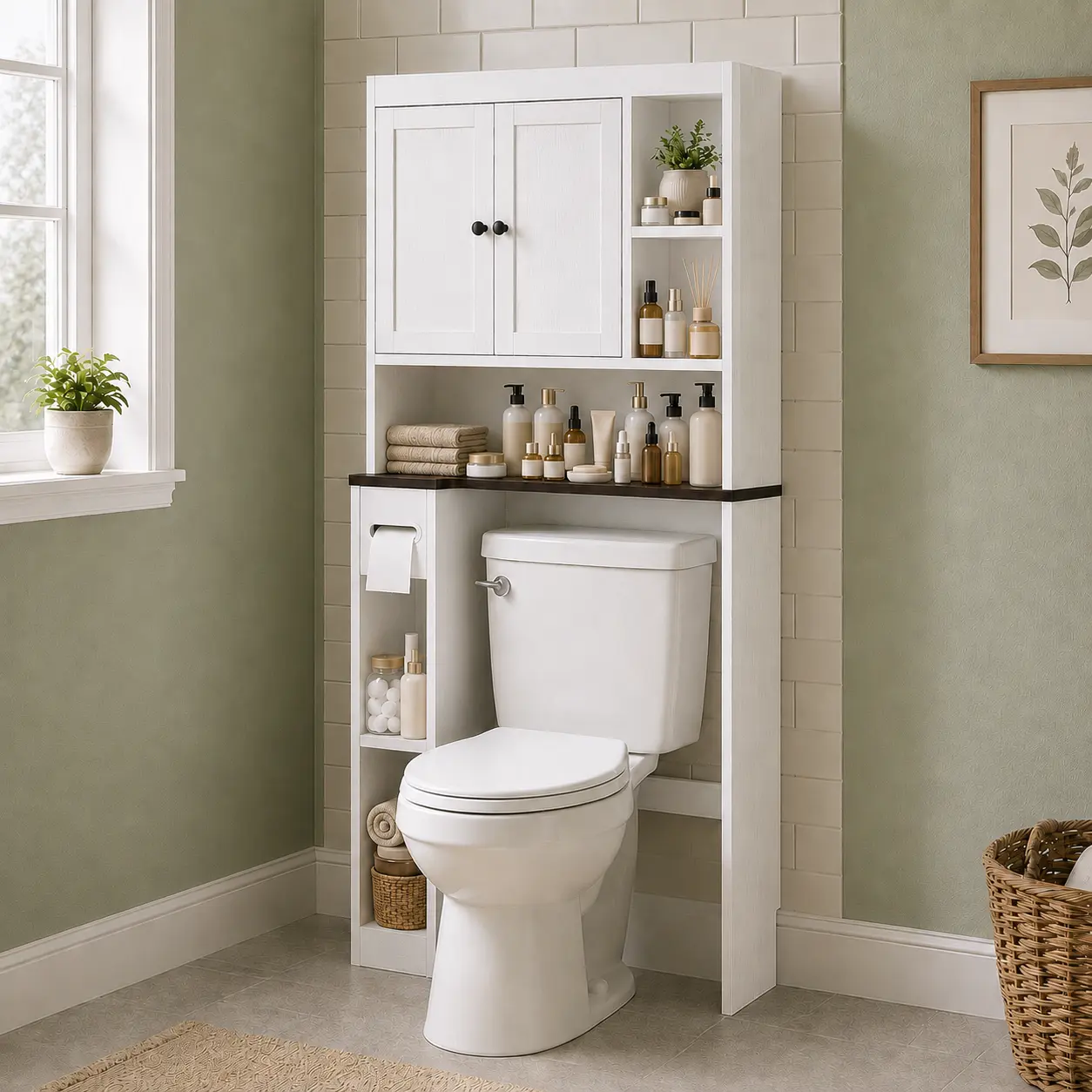 Over-the-Toilet Storage Cabinet, White Freestanding Bathroom Organizer with Double Doors, Open Shelves, Adjustable Storage & Toilet Paper Holder for Small Bathrooms