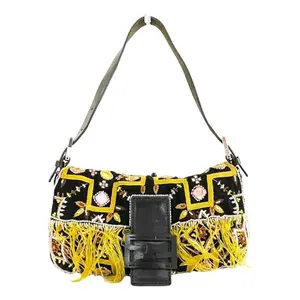 Pre-owned FENDI Cloth Shoulder Bags Authentic Mamma Baguette Beaded Fringe Shoulder Bag Bucket Hand Bag FF