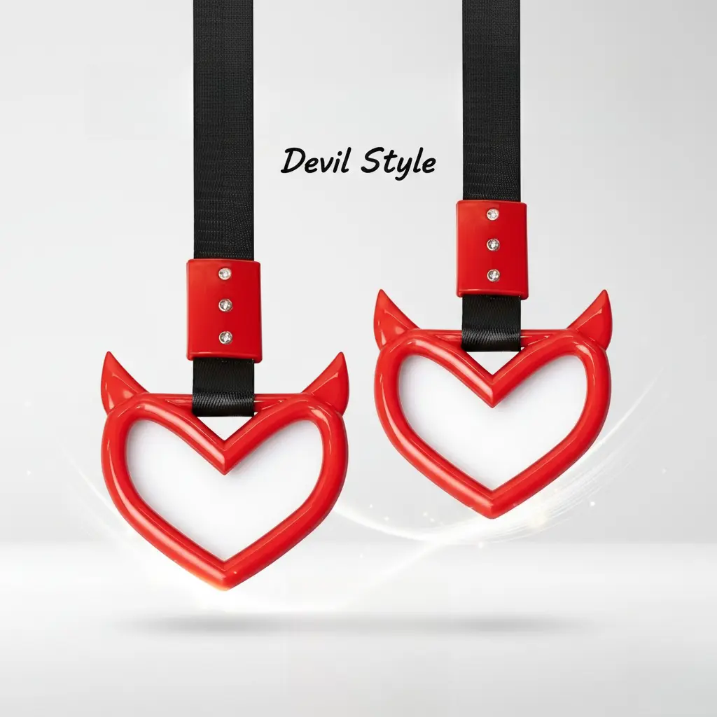 2PCS JDM Car Key Chains - Heart Handle Strap, Red Devil Style Drift Charm Hanging Ring, Car Ornament Accessories