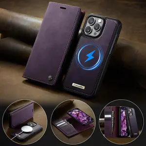 2-In-1 Detachable Leather Magnetic Magsafe Wireless Charging Card Slot Protective Phone Case for iPhone 17/16 Series, RFID Blocking Shockproof Cover