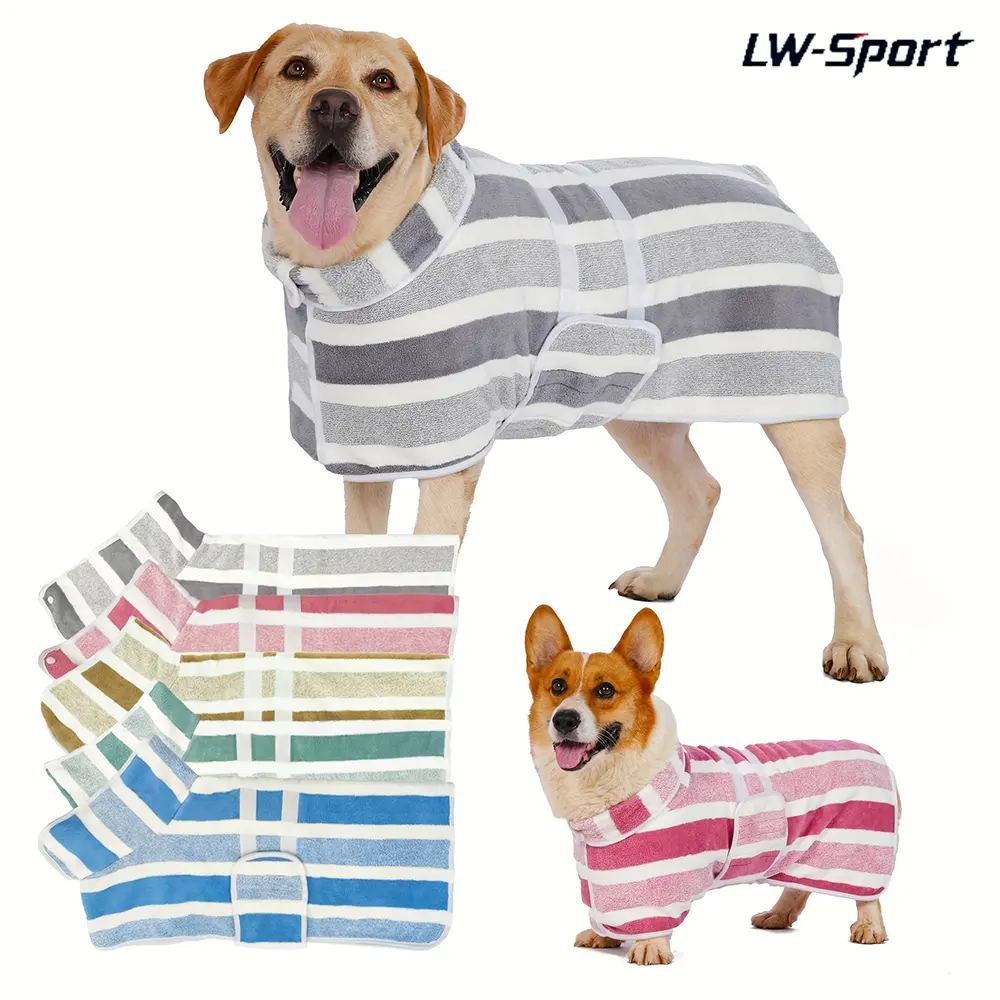 1Pc Super Absorbent Dog Drying Coat Bathrobe Towel, Microfiber Quick Dry Soft Plush Dog Bath Robe with Adjustable Snap Button & Magic Tape, Striped Pet Towel Wrap for After Bath Swimming Rainy Day, Warm Drying Jacket for Large Medium Small Dogs