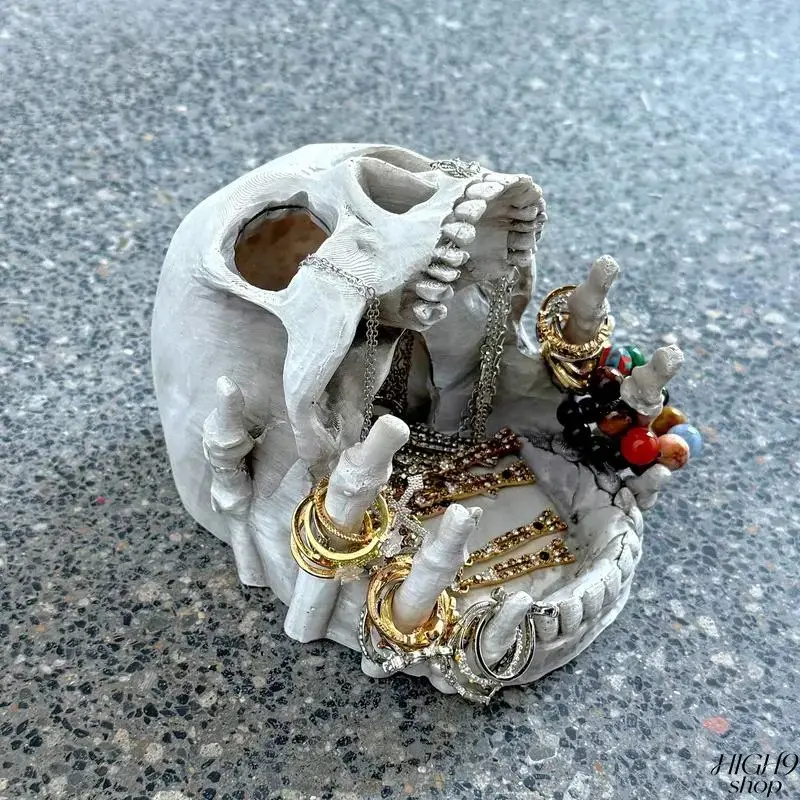 Gothic Skull Resin Jewelry Organizer Box, Multi-Slot Compartment Storage Case with Necklace Hooks, Spooky Chic Desktop Holder for Rings Earrings Ornaments, Stylish Home Decor & Halloween Decoration