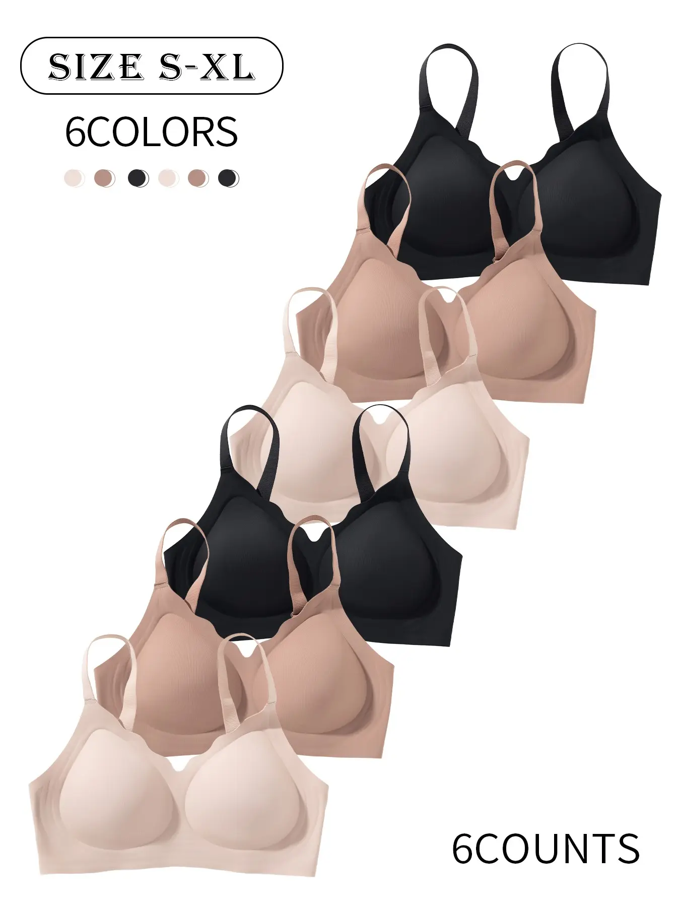 6 Pack, 6 colors Seamless jelly women's bras with hooks and pads, Wireless padded bras, Comfortable, skin-friendly, Breathable, lifting and gathering, one-piece beautiful back, Daily casual, party, sports