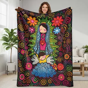Vibrant Virgin Mary Flannel Blanket  Colorful Mexican Folk Art Spiritual Print  UltraSoft Lightweight Throw  Cozy Bedspread For Living Room Sofa Bed  Artistic Religious Gift Decor