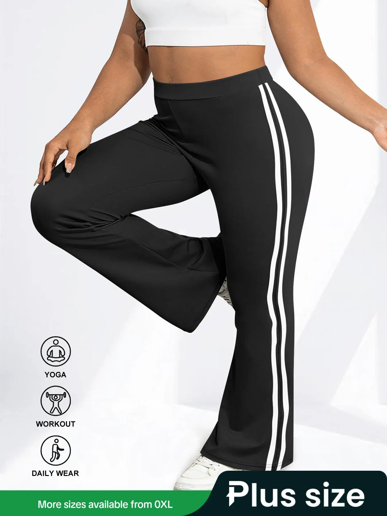 Plus Size High Waisted Flared Pants with Side Stripes, Comfortable Casual Activewear, Athleisure Fitness Pants for Curvy Women, Trendy Loose Fit Bottoms, Sportswear Bottoms, Fitness Workout Pants, Athletic Trousers, Fitness Training Pants