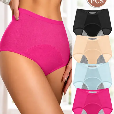 Women's 4-Pack High-Waisted Period Panty, Water Proof Leak-Resistant Fabric Underwear, Breathable Full-Coverage Briefs with Double-Layer Crotch, Extended Protective Lining for Everyday Fit