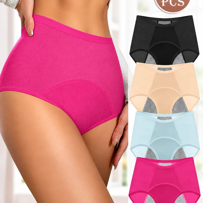 Women's 4-Pack High-Waisted Period Panty, Water Proof Leak-Resistant Fabric Underwear, Breathable Full-Coverage Briefs with Double-Layer Crotch, Extended Protective Lining for Everyday Fit