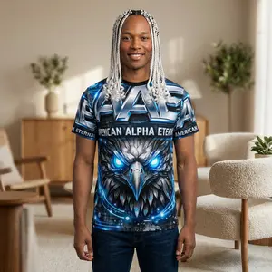 Cyber Urban Collage Graphic Tee – 'American Alpha Eternal' Blue Metal Design