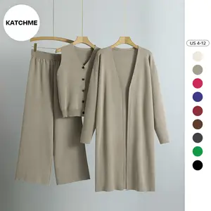 KatchMe Women's Minimalist V-Neck Button Tank & Wide Leg trousers with Long Cardigan Three Pieces Set, Comfortable Womenswear, Soft Holiday Outfits