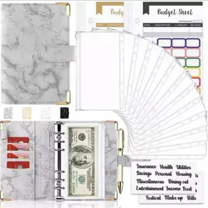 A6 Marble Style Six-Ring Binder with Cash Envelope and Budget Sheet, Faux Leather Financial Management Organizer for Expense Tracking