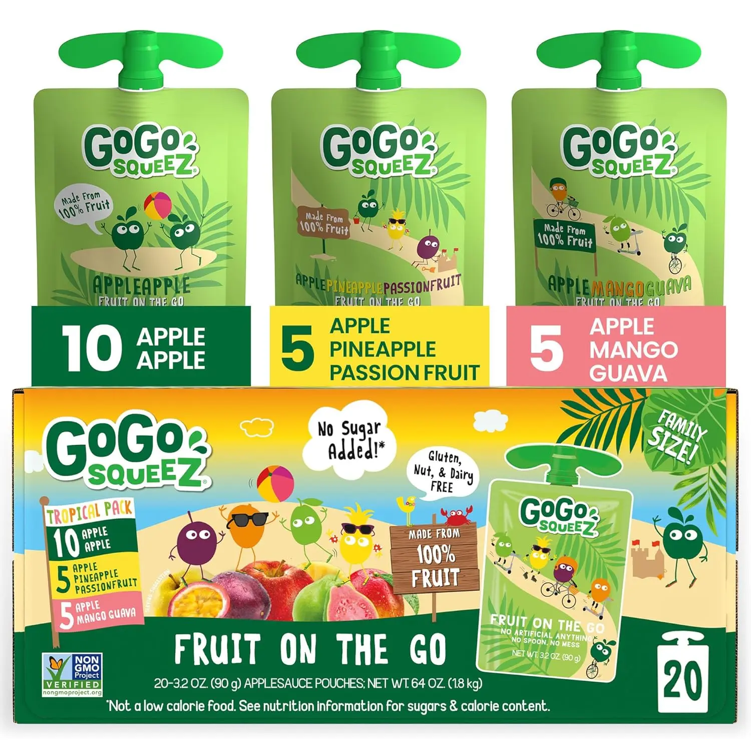 GoGo squeeZ No Sugar Added Applesauce and Fruit Puree, Apple, 3.2 oz Pouches (Pack of 20), Fruit Snacks for Kids, Gluten Free, Nut Free, Recloseable Cap, BPA Free