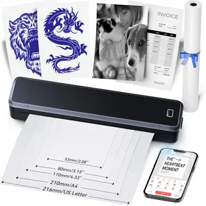 Portable wireless Bluetooth printer, travel printer, tattoo printer, Inkless mobile printer. Can print tattoos and documents, no ink required. Comes with a roll of paper, five tattoo sheets, and a storage bag. Compatible with iOS, Android, and laptops.