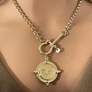 Gold Bee Pendant-Rolo Chain- CZ Shackle-CZ Connector Feature-French Bee Pendant-Coin Medallion-Equestrian Jewelry