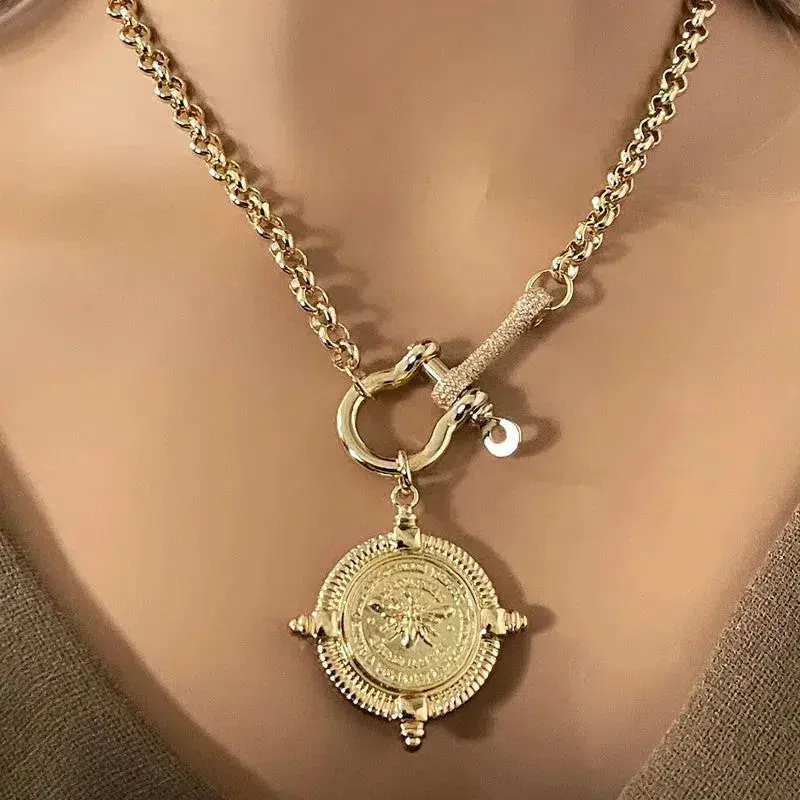 Gold Bee Pendant-Rolo Chain- CZ Shackle-CZ Connector Feature-French Bee Pendant-Coin Medallion-Equestrian Jewelry