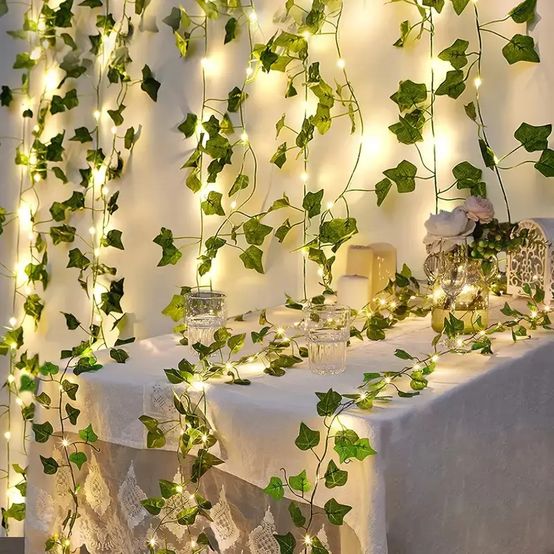 Artificial Ivy Garland with 50 LED Lights, Warm Outdoor Aa Battery Powered, Greenery Decoration, Valentine's Day, Wedding, Party, Christmas Decorations, Party Decoration Supplies, Outdoor Light String, Party Lighting Decoration