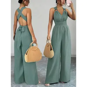V-neck Women's Jumpsuit with Crisscross Waist Ties, Slit Back, and Wide-leg Straight-cut Pants