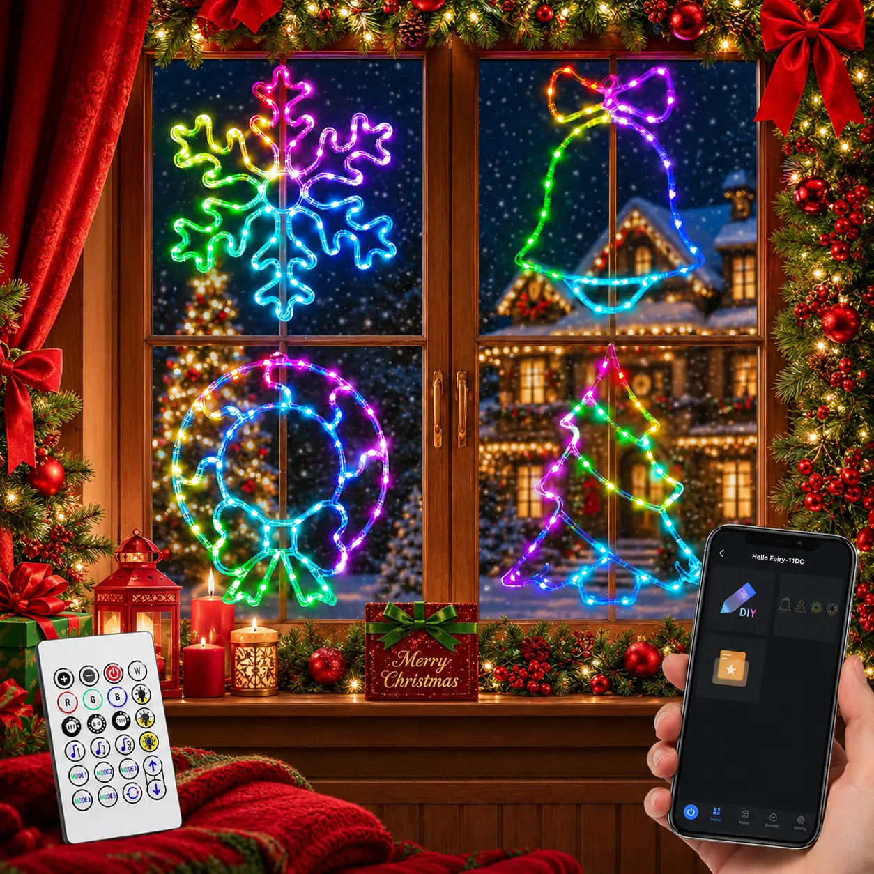 Avatar Controls 4Pack Christmas Window Silhouette Lights with APP & Remote, Window Christmas Lights Indoor with Wreath,Snowflake,Bell and Tree, Lighted Christmas Window Decorations for DIY, Dimming, Music