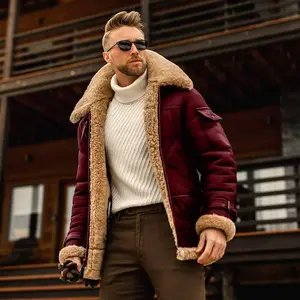 Men'sShearlingAviatorJacket,GenuineLeatherwithFauxCollarandCuffs,WinterWarmOuterwear