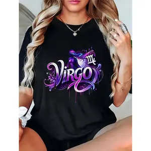 Women's Virgo Zodiac Graphic T-Shirt, Colorful Virgo Maiden Design, Casual Daily/Party Wear for Astrology Fans, Perfect Gift for Virgo Sign Lovers 100% Cotton T-shirt