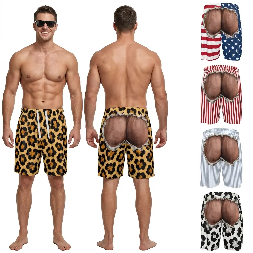 Men's Swim Trunks Funny Hairy Butt Cheek Gag Beach Shorts | Funny 3D Hairy Skin Print Beach wear with Pockets, Comfortable Trunks for Summer Pool Party Prank Gag Gifts