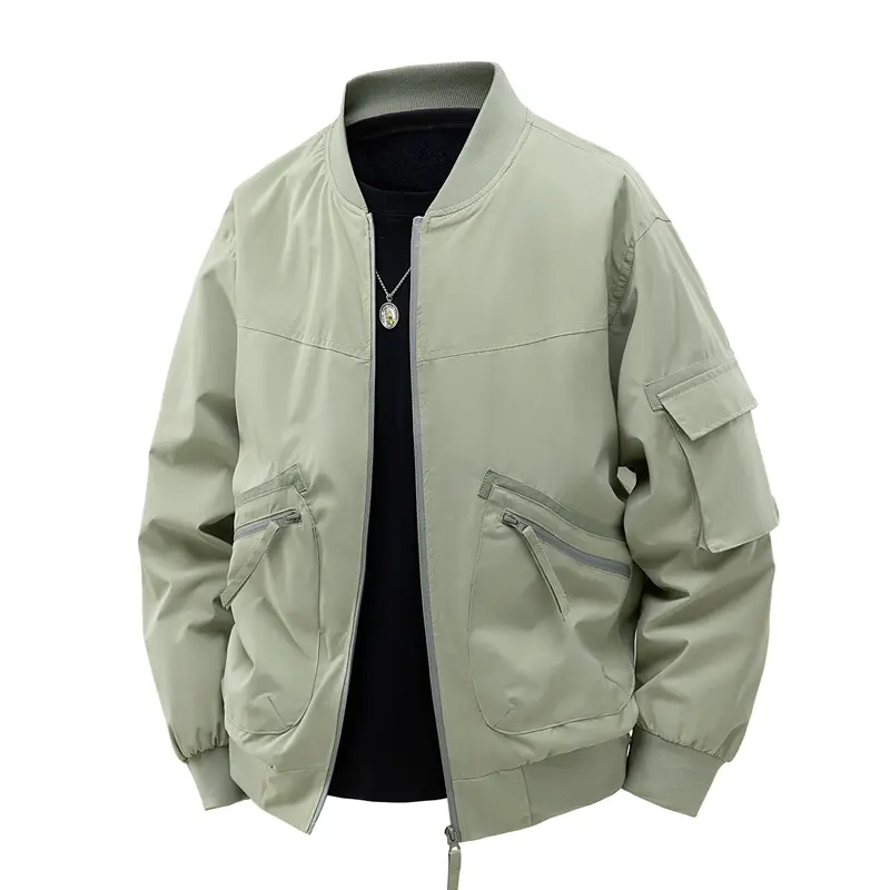 Men's Stylish Fitted Cut Plain Polyester Bomber Jacket - Baseball Collar, Longsleeves, Zip Pockets, Casual Streetwear Outerwear