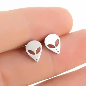 Trendy Stainless Steel UFO Alien Ear Stud Earrings for Women Jewelry Black Smiling Face Earring Party Accessories Men Gift