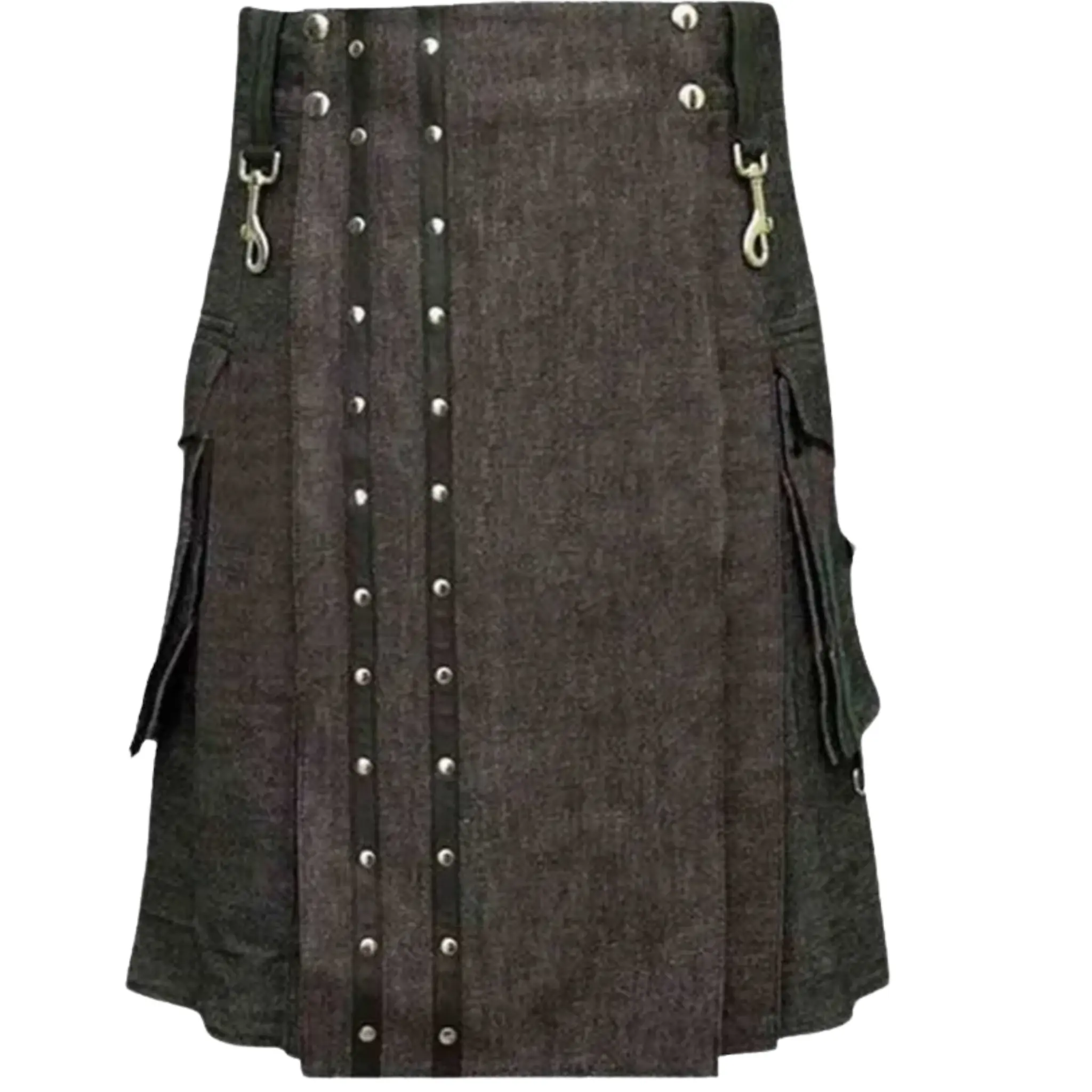 Premium Scottish Modern Denim Kilt with Straps Studded Design for Traditional Wear Featuring Adjustable Buckles Functional Pockets