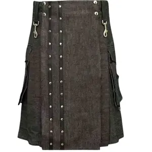Premium Scottish Modern Denim Kilt with Straps Studded Design for Traditional Wear Featuring Adjustable Buckles Functional Pockets