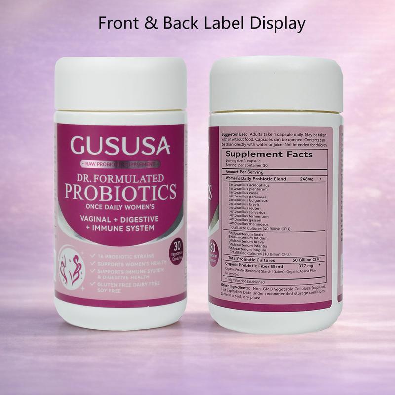 GUSUSA Women's Probiotic Capsules - 16 Strains 500 Billion CFU, Natural Moisturizing Relief for Dryness, pH Balance, Supports Gut & Immune Function - Restores Balance from the Inside Out, Sugar-Free Vegan Organic Prebiotic Formula