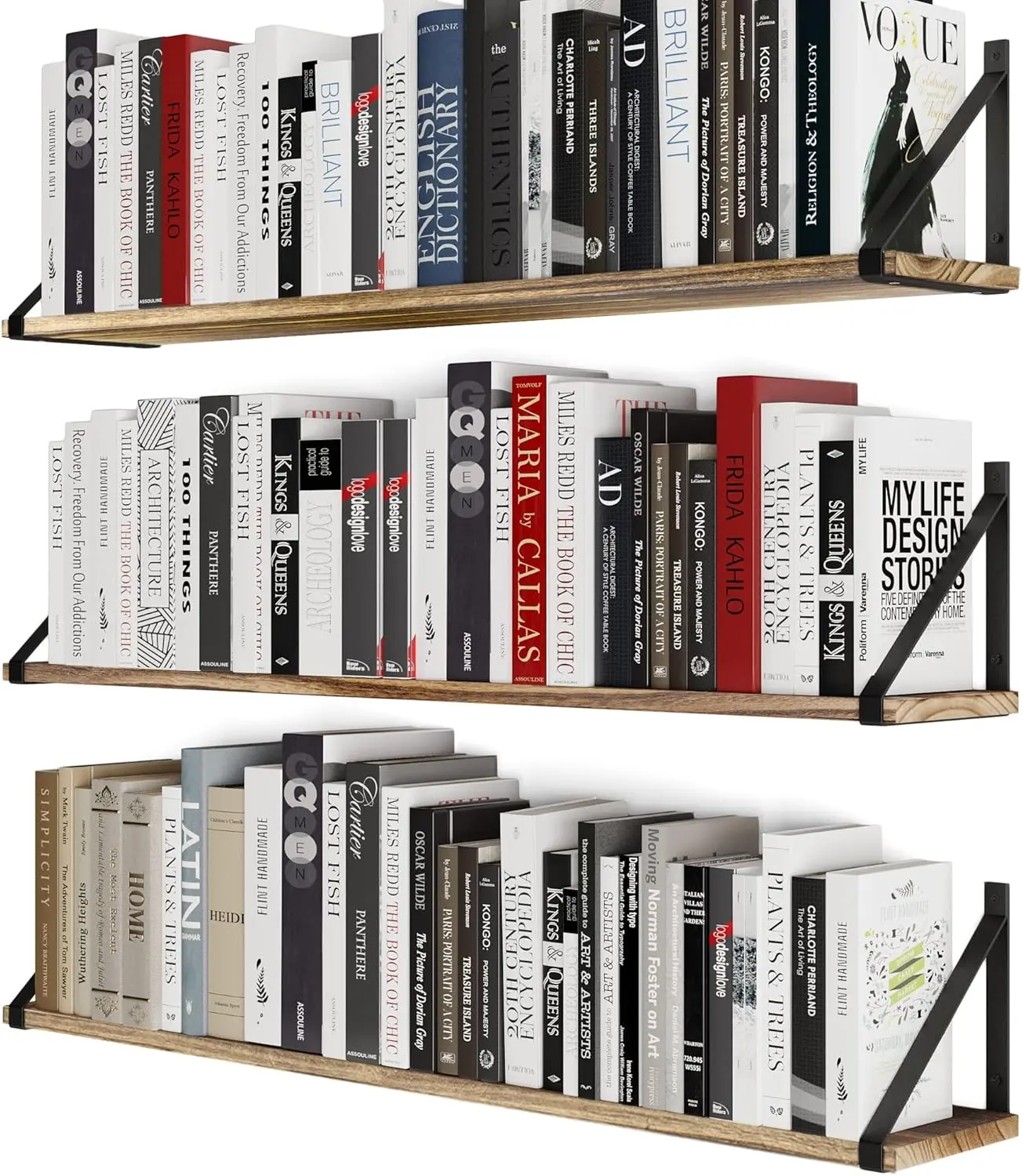 Bora 36 Inch Large Floating Shelves for Wall Storage, Floating Bookshelf Set of 3, Burned  Wall Shelves for Books