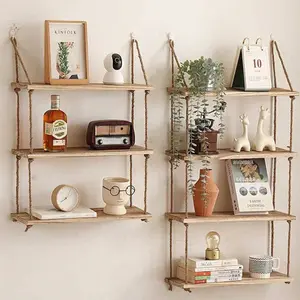 Wall-Mounted Decorative Hanging Rope Shelf, No-Drill Storage Rack, Jute Rope, Living Room Study Bathroom Kitchen Dormitory Plant Divider, Wall Organizer Shelf