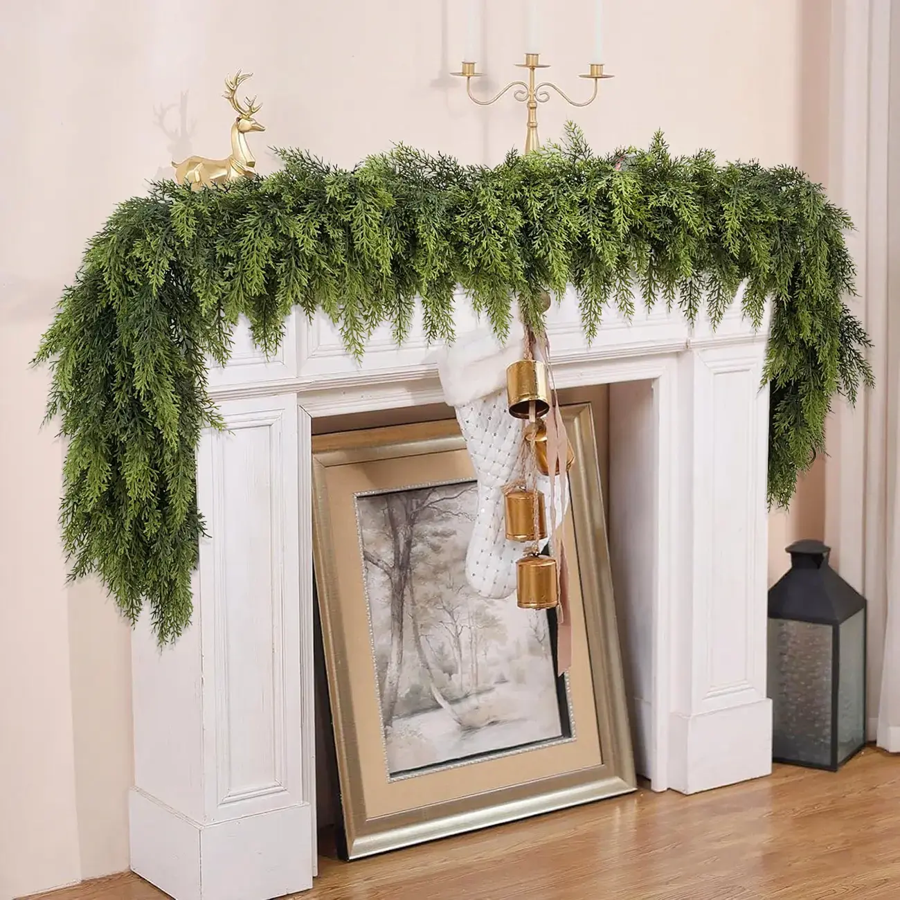 2-Pack 6 FT Artificial Cedar Garlands, Real Touch Winter Cedar Garland, Green Artificial Greenery Pine Garland for Table, Mantle, Wall, Indoor & Outdoor Christmas Decorations (2 Pcs, 6 FT).