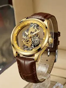 A men's brown leather strap with luminous hollow design, casual and versatile trendy quartz analog watch, Casual Business Wristwatch, Business Fashion Watch, Luminous Fashionable Watch, Analog quartz watches
