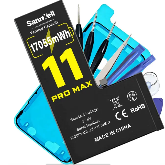 SannXell Upgraded High-Capacity 17055mWh Aluminium Mobile Battery for iPhone 11 Pro Max Replacement, 0 Cycle A2161 A2218 A2220 Models, Long-Lasting Li-ion Battery with Full Repair Tool Kit