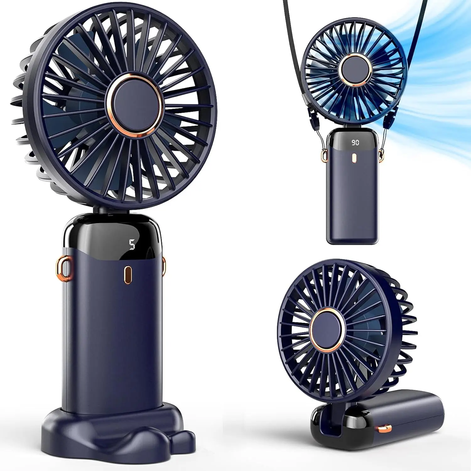 Cordless Handheld Mini Fan with Base, 8 Hours Battery Life, 5 Speeds, 90° Adjustable, Rechargeable, Smart Digital Screen, Scented Pads Compatible, Compact Lightweight for Outdoor Activities, Indoor Use