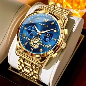 OLEVS G2856 Men's Luxury Chronograph Quartz Watch Full Gold Stainless Steel Band Blue Roman Dial Crystal Rhinestone Moon Phase Flywheel Skeleton Multi-Function Luminous Pointer Waterproof Business Wristwatch Deluxe watch Box Birthday Gift