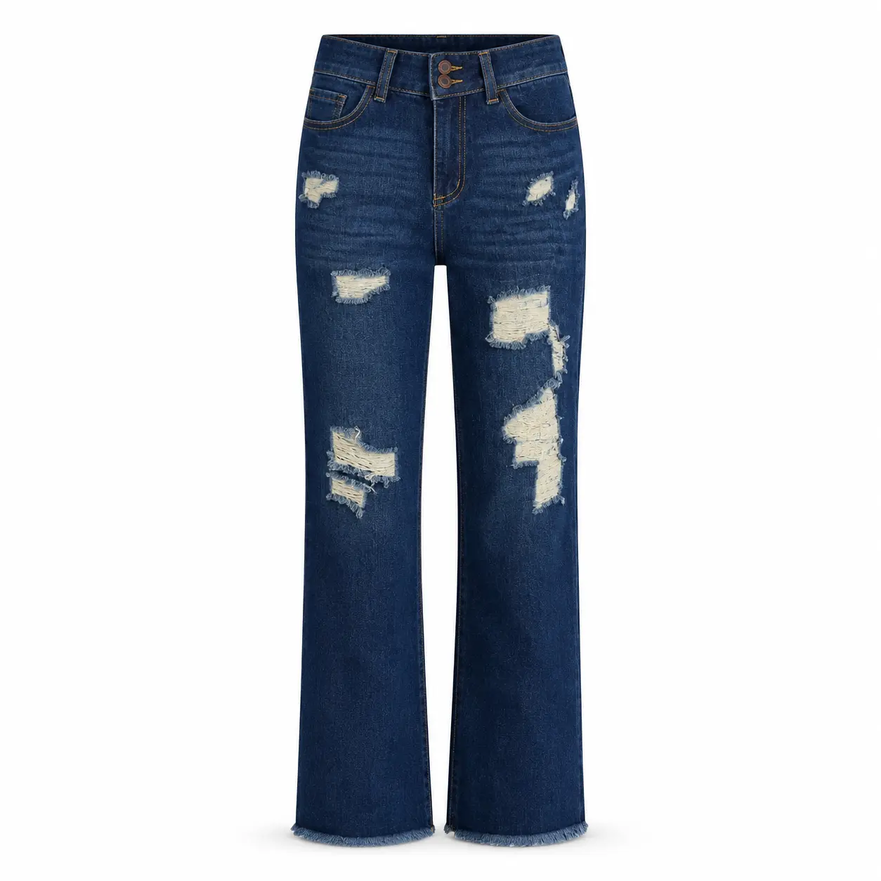 Women's Aphrodite Distressed Ripped Front Button Denim Jeans - Casual Boyfriend Fit, Everyday Streetwear Bottoms, High Waist, Medium Blue Denim Wash, Relaxed High-Waisted, Slimmer Tapered Bottom, All Seasons