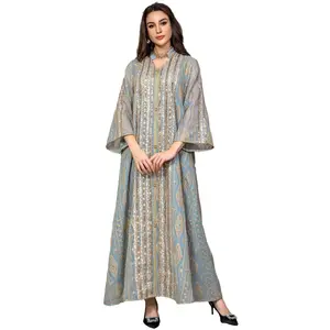 Embroidered Long-Sleeve Islamic Dress with Sequins — Kaftan/Abaya Style