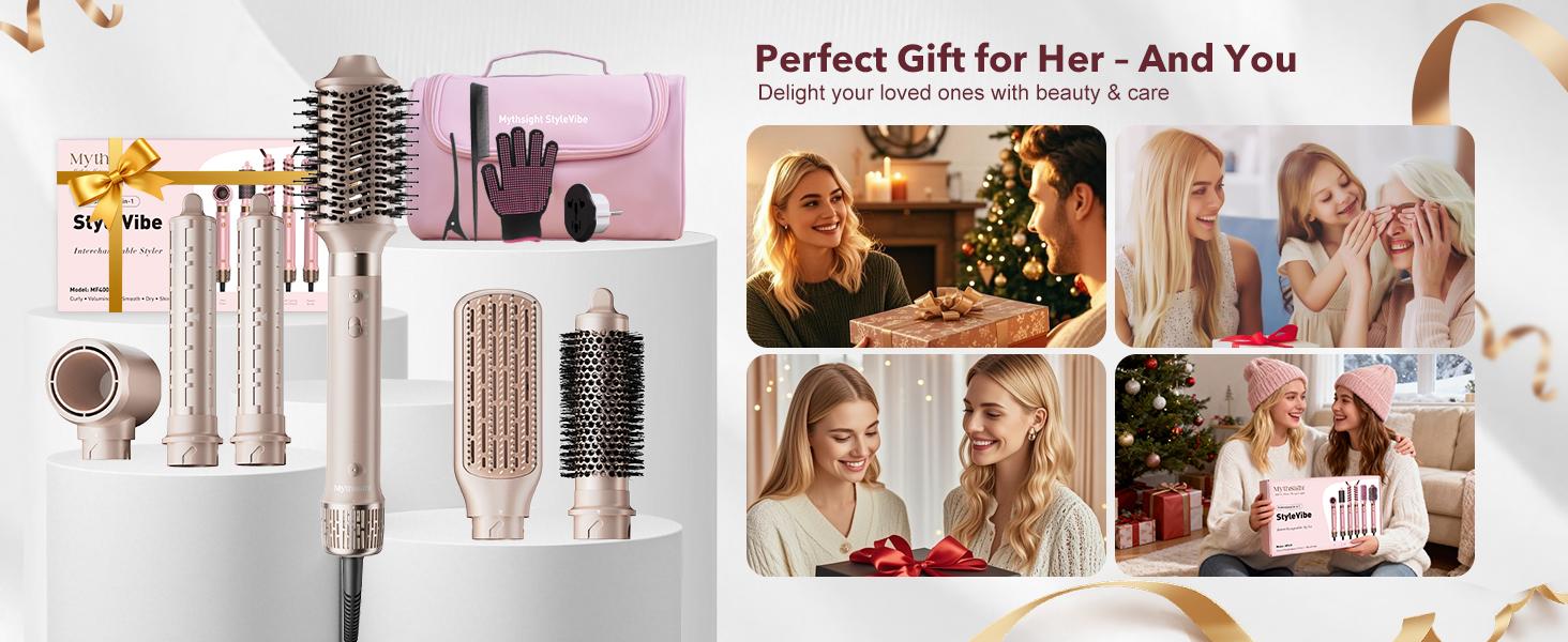Mythsight 6 in 1 Hot Air Styler with Travel Case, Dual Voltage (100-240V) High-Speed Hair Dryer Brush Auto Wrap Curlers, Volumizing Styling Blower Brush, Perfect Gift for Women Friend Family Mother