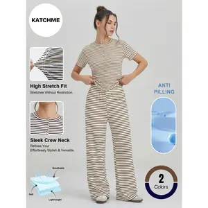 Katch Me Women's Casual Stripe Flattering Short Sleeve Top & Wide Leg Trousers Co-ord, Soft Anti-Pilling Breathable Two Piece Sets, High Stretch Daily Outfit