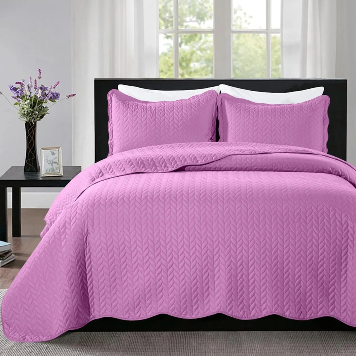 Queen Size Breathable Cooling Microfiber 3-Piece Embossed Quilt Set - 90"x96" Quilt, 2x20"x26"+2" Pillow Shams, Lilac/Purple Bedspread Coverlet, Low Tumble Dry Compatible