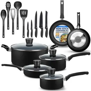 20-Piece Cookware Set - Black | Nonstick Pots & Pans with Lids, Spoon, Spatula & Knife Set - Heat Resistant Utensils Set - Food Grade Safe & Dishwasher Safe - Daily Use Cookware Accessory
