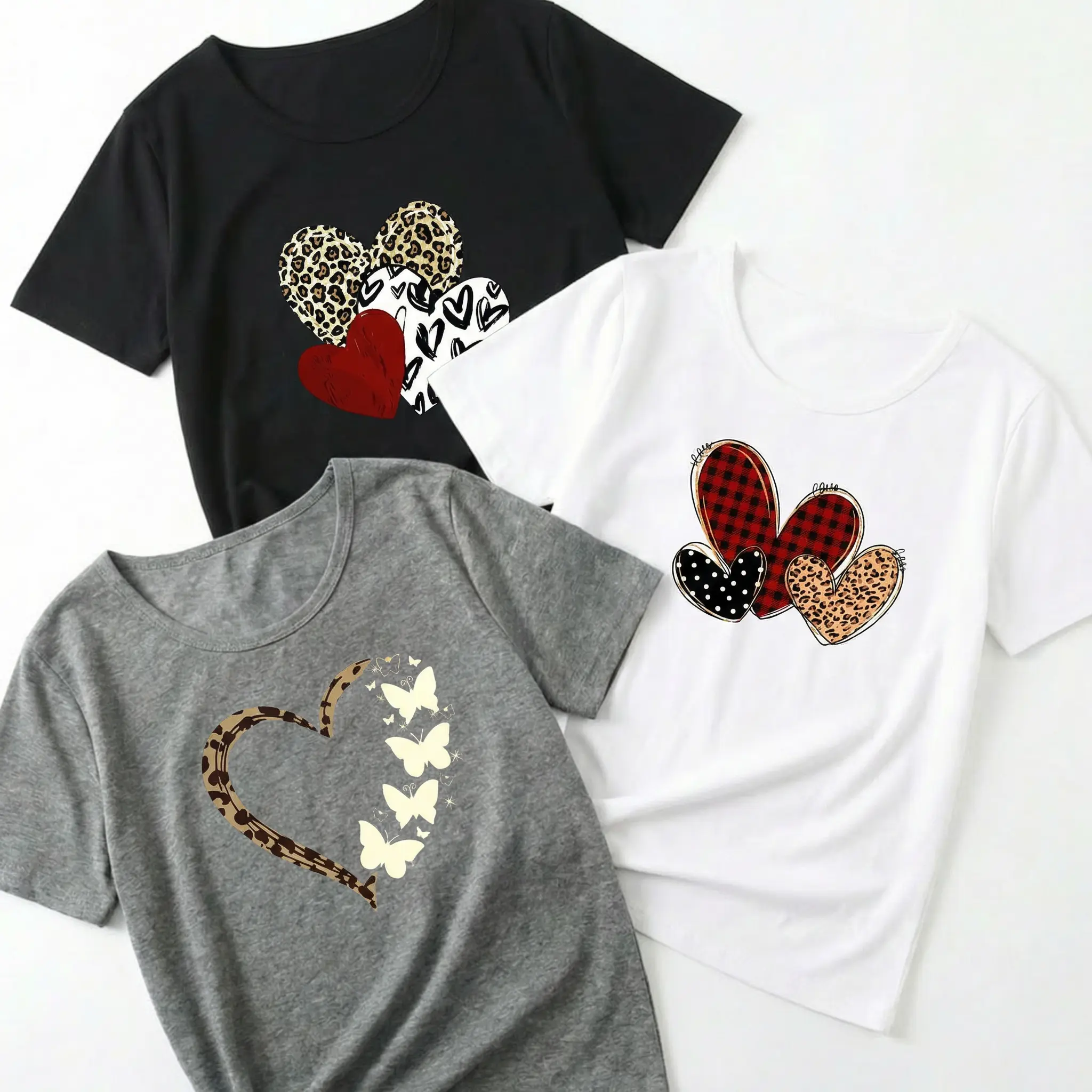 Women's 3-Pack Loose Everyday Breathable Denim Short-Sleeve Tops - Heart Graphic, Cute Leopard Plaid Print, Casual Cardigan Tee Shirt, Valentine's Day Gift Bundle Check Womenswear