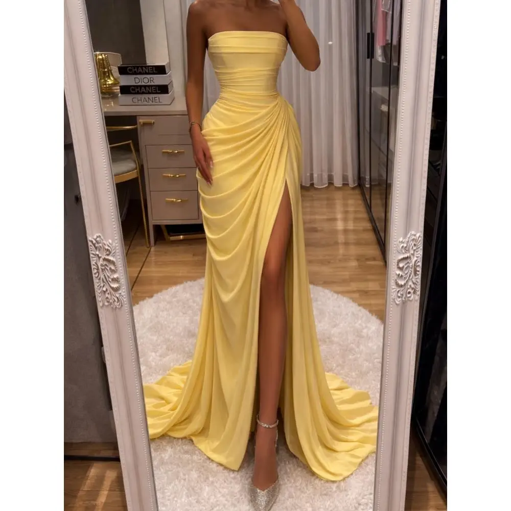 Yellow Strapless Pleated Dress Women Elegant Sexy Sleeveless Waist Cinching Split Maxi Gowns 2026 Lady New Evening Party Dresses