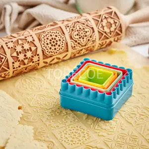 Embossed Rolling Pin - 3D Wooden Engraved Christmas Square Deep Laser Engraved DIY Tool for Kids and Adults to Make Cookie Dough Crusts Pies Pastry