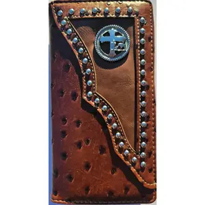 Men's Western Bifold Wallet Ostrich Brown Longhorn Checkbook Style